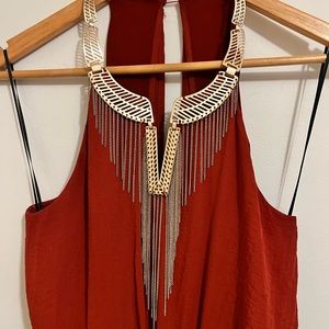 Burnt Orange Maxi Dress with Gold Necklace Details and Slit in skirt